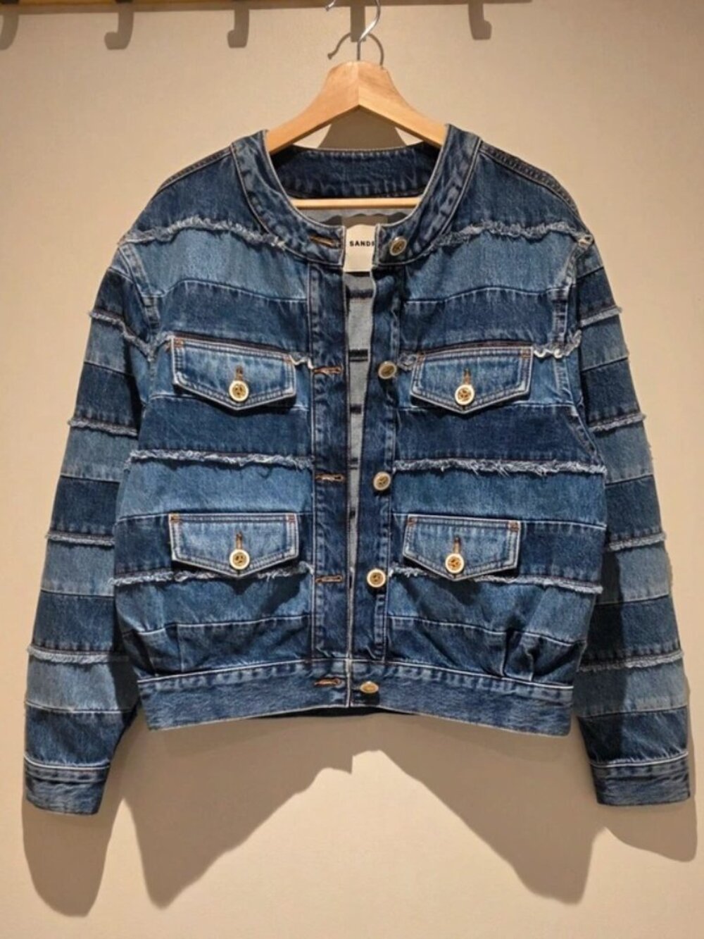 Sandro Briac Striped Patchwork Organic Cotton Denim Jacket Blue S